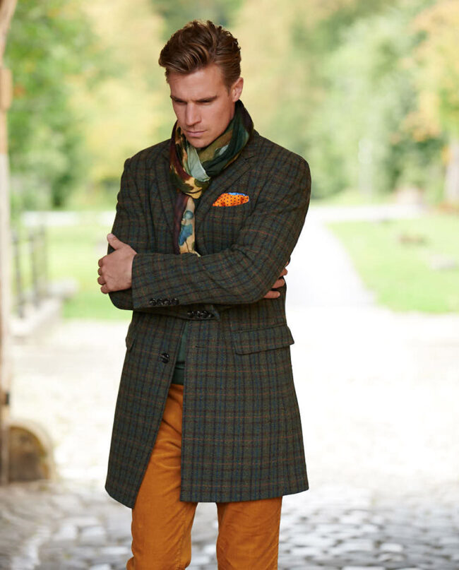 Woll-Kaschmir-Mantel "Edwin" in grünem Tweed für Herren