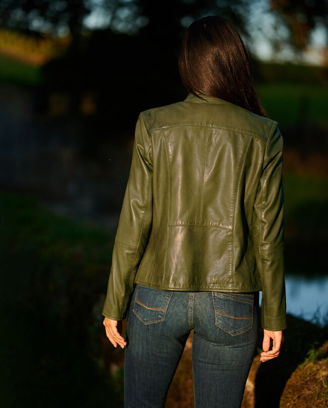 Tina - Women's biker jacket in lamb nappa in green I Wellington of Bilmore