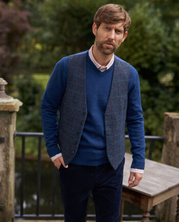 Harris Tweed Weste "Tailor" in Scottish Blue mit roten Akzenten
