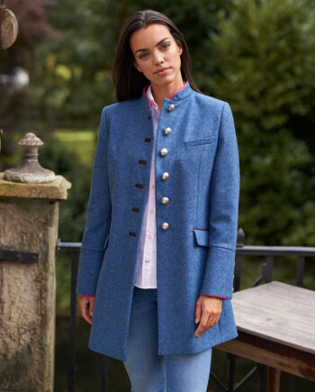Blue &quot;Foxdale&quot; frock coat with stand-up collar made from original MOON tweed I Wellington of Bilmore