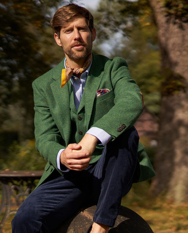 Harris tweed jacket &#039;&#039;London&#039;&#039; in green twill I Wellington of Bilmore