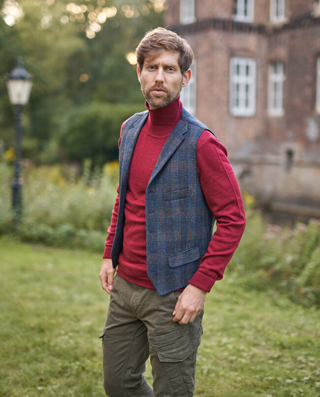 Wales - classic men's vest made from original Harris Tweed, in multi-blue twill I Wellington of Bilmore