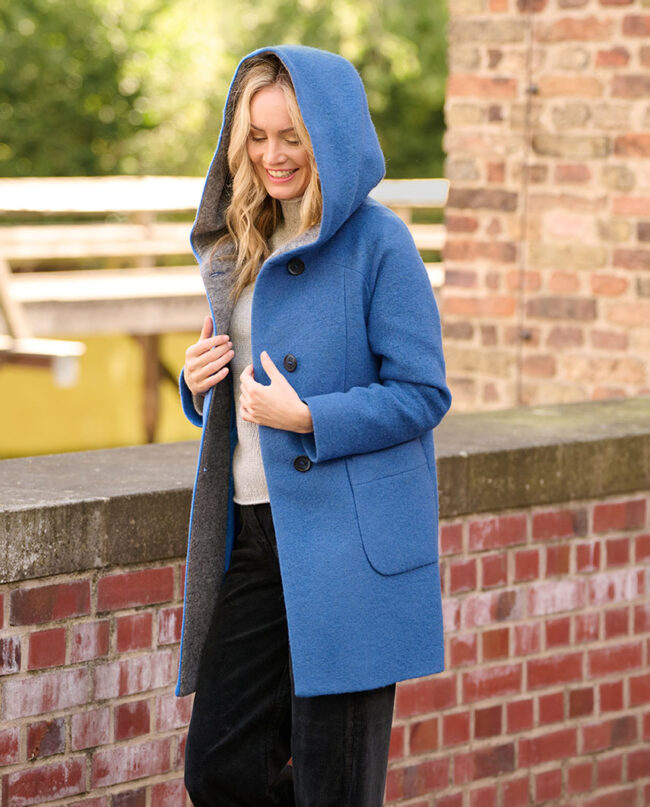 Sally - Wool coat for women, ocean blue - side/front view I Wellington of Bilmore