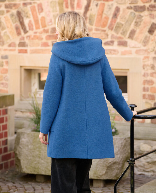 Sally - Wool coat for women, ocean blue - back view I Wellington of Bilmore