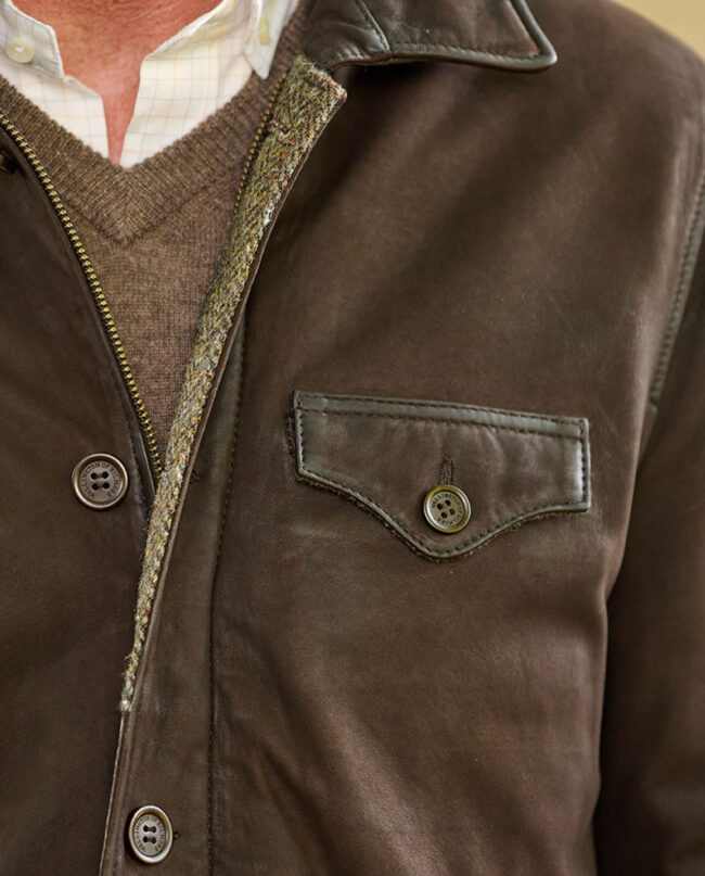Men&#039;s leather jacket &quot;Belfast&quot; made of finest lamb nubuck View Harris Tweed button placket