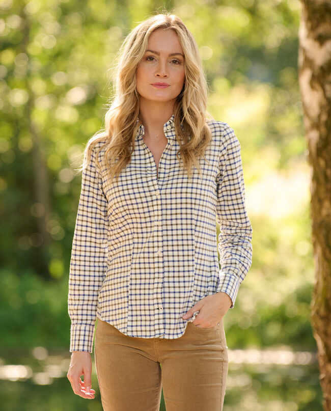 Stella - Women's blouse with button down collar, in olive-blue window check I Wellington of Bilmore