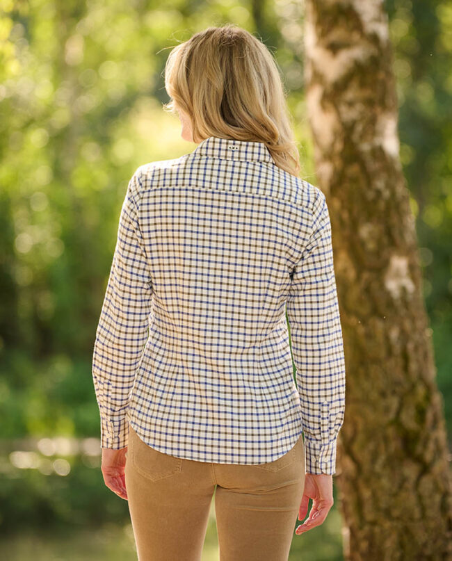 Stella - Women's blouse with button down collar, in olive-blue window check I Wellington of Bilmore