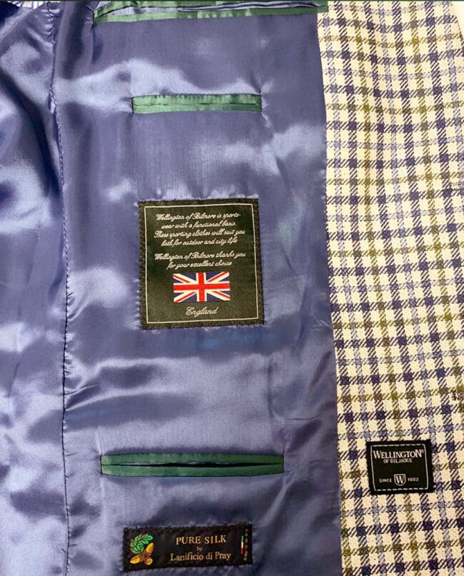 Summer jacket &#039;&#039;London&#039;&#039; made of silk in beige-blue-green check I Wellington of Bilmore