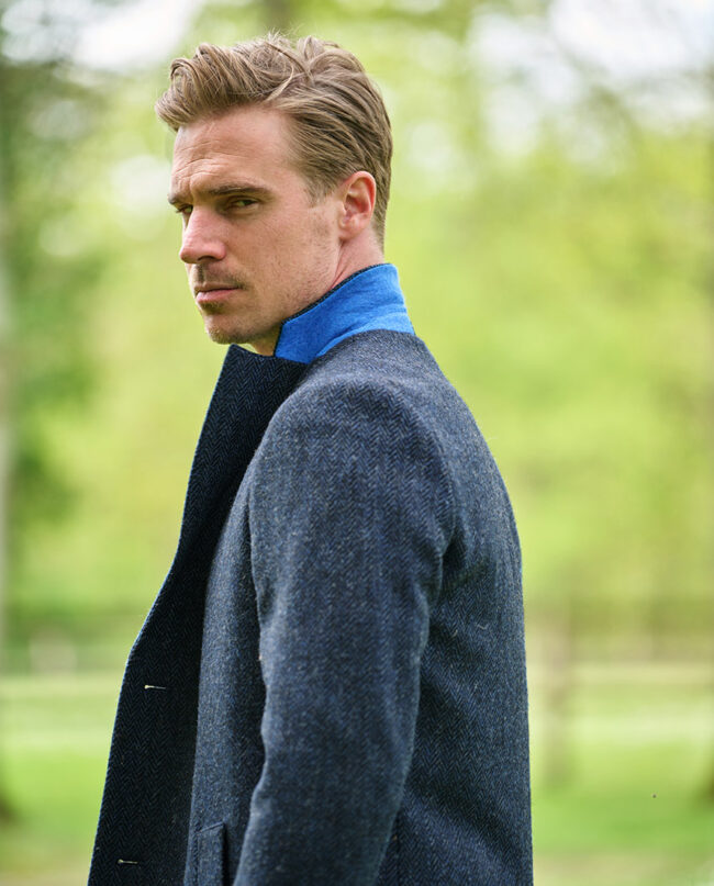Harris Tweed blazer coat ''Barney'', blue herringbone, front view