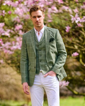 Men&#039;s linen jacket &#039;&#039;London&#039;&#039; made of 100% pure linen in green window check ✓ High-quality workmanship by Wellington of Bilmore