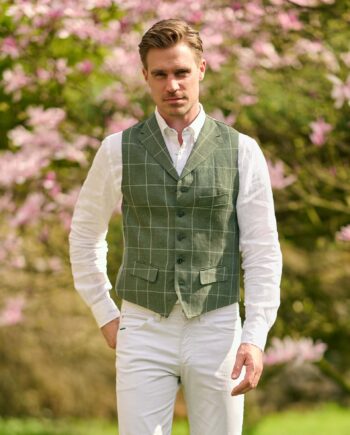Wales - fine men's linen vest in green windowpane check I Wellington of Bilmore
